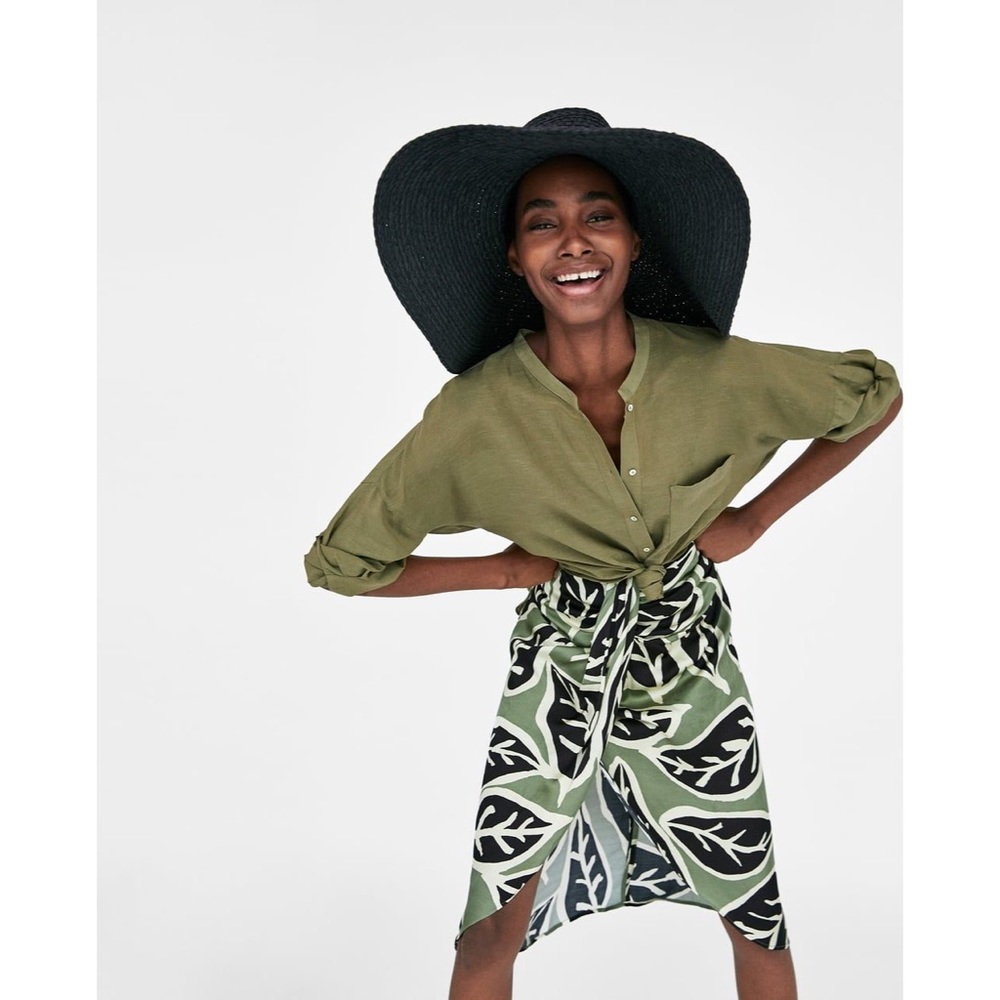 Zara Green Leaf Print Midi Skirt Pencil Faux Wrap High Waist XS